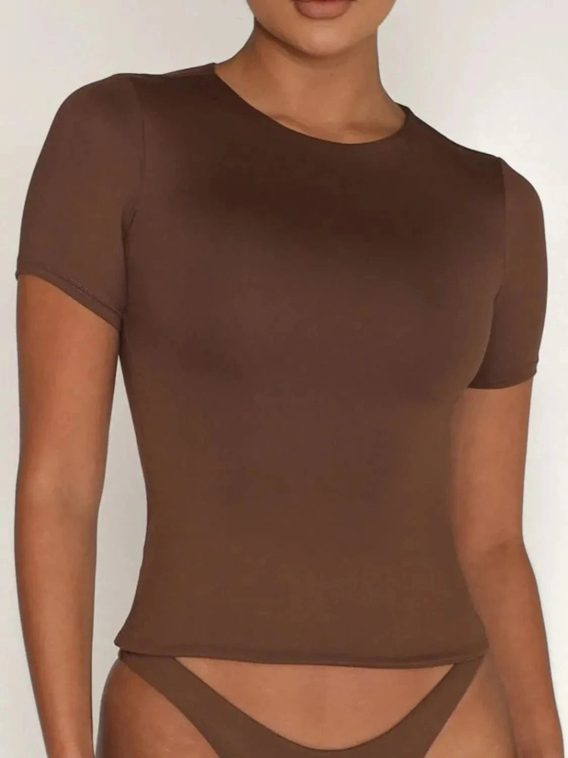 Brown Round Neck Short Sleeve Swim Top swim tops