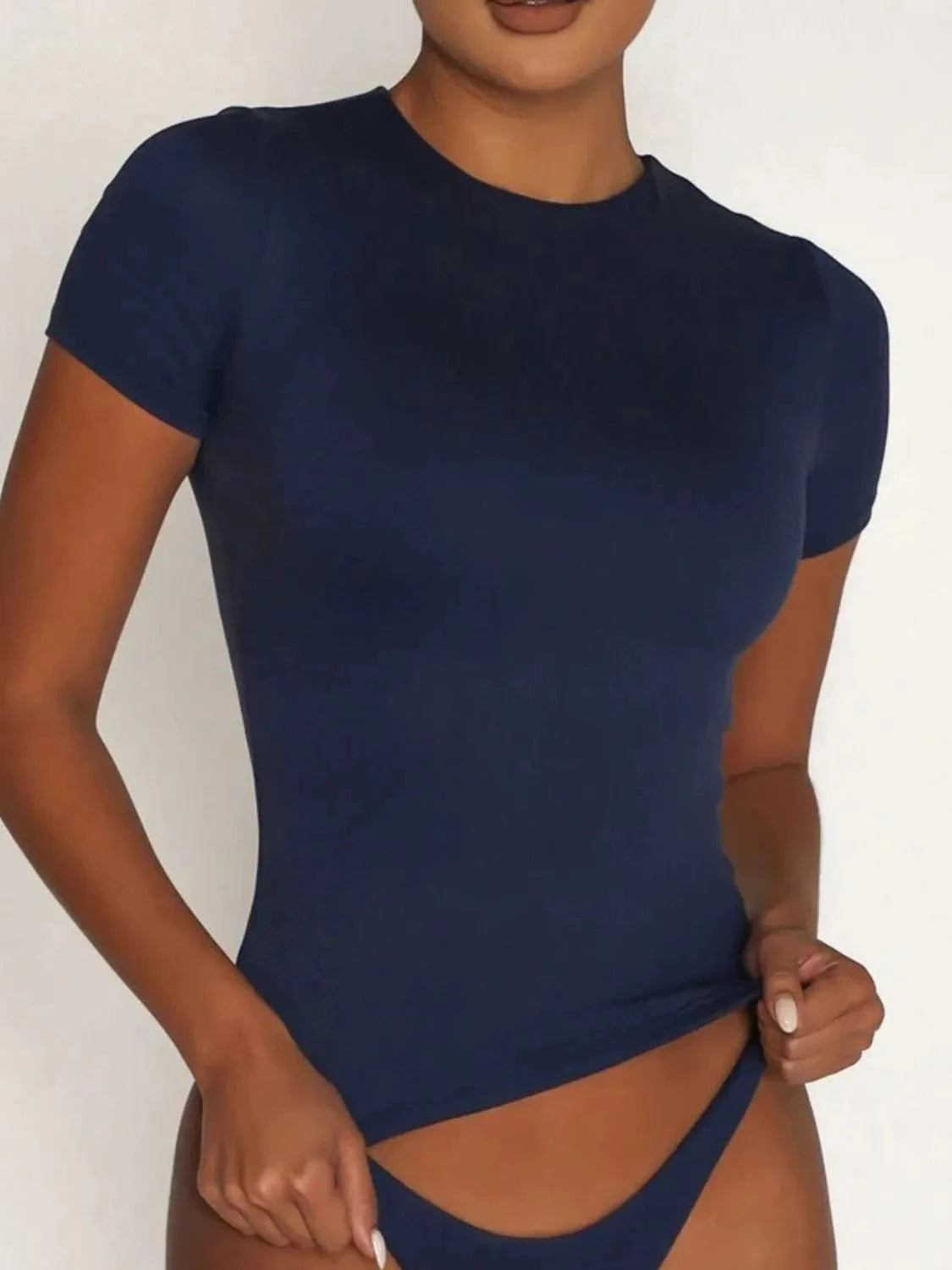Dark Blue Round Neck Short Sleeve Swim Top swim tops
