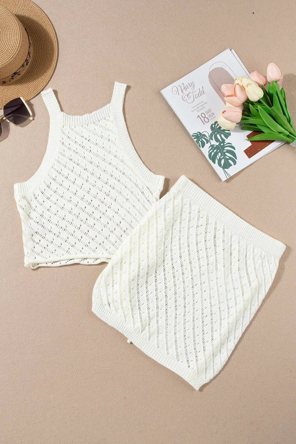 Openwork Sleeveless Top and Drawstring Skirt Cover Up Set swim tops
