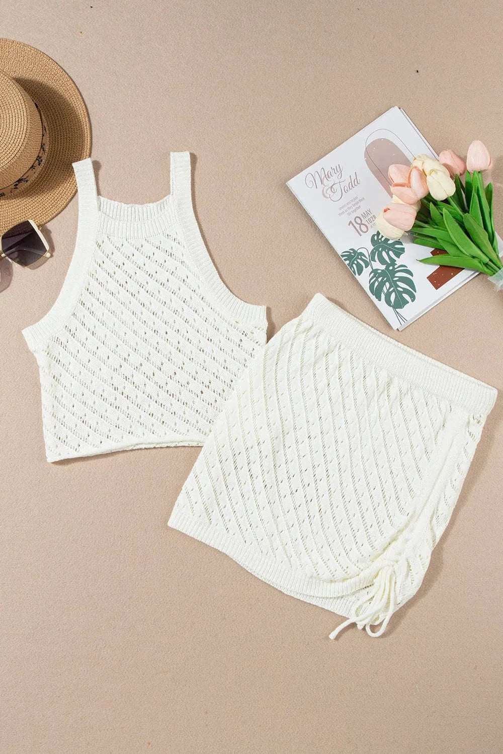 Openwork Sleeveless Top and Drawstring Skirt Cover Up Set swim tops