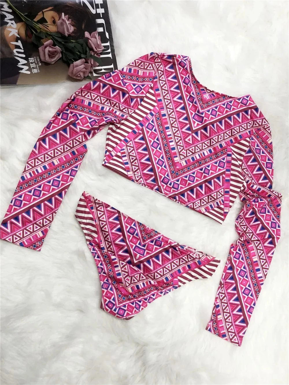 Printed Long Sleeve Top and Brief Swim Set swim tops