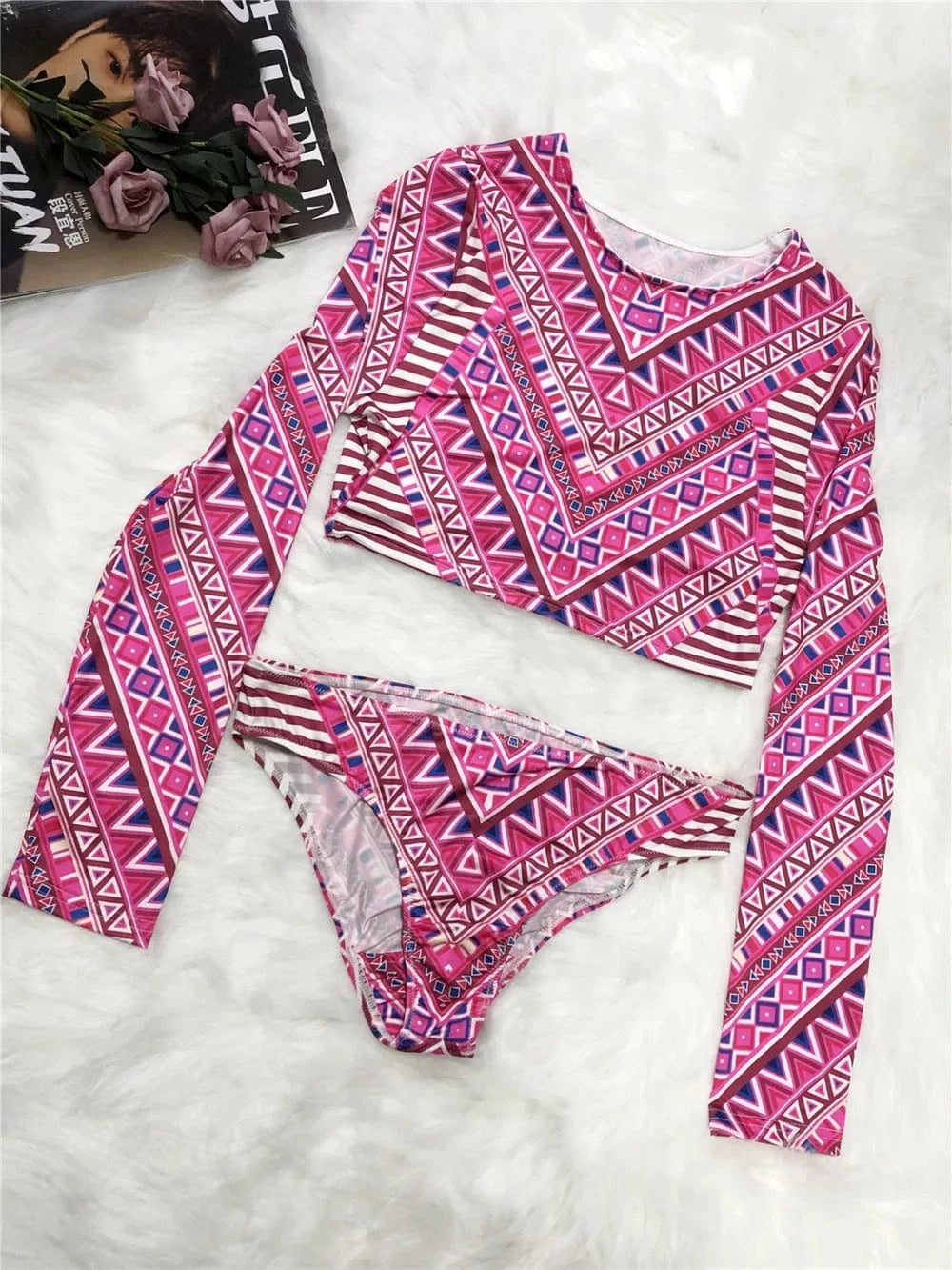 Printed Long Sleeve Top and Brief Swim Set swim tops