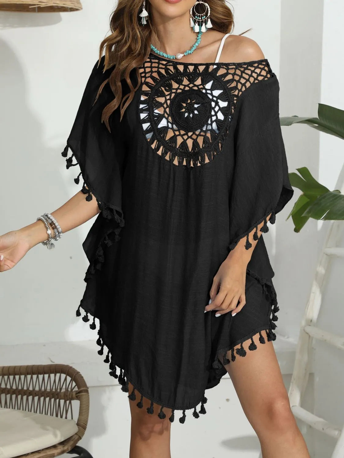 Tassel Crochet Round Neck Cover-Up Black / One Size