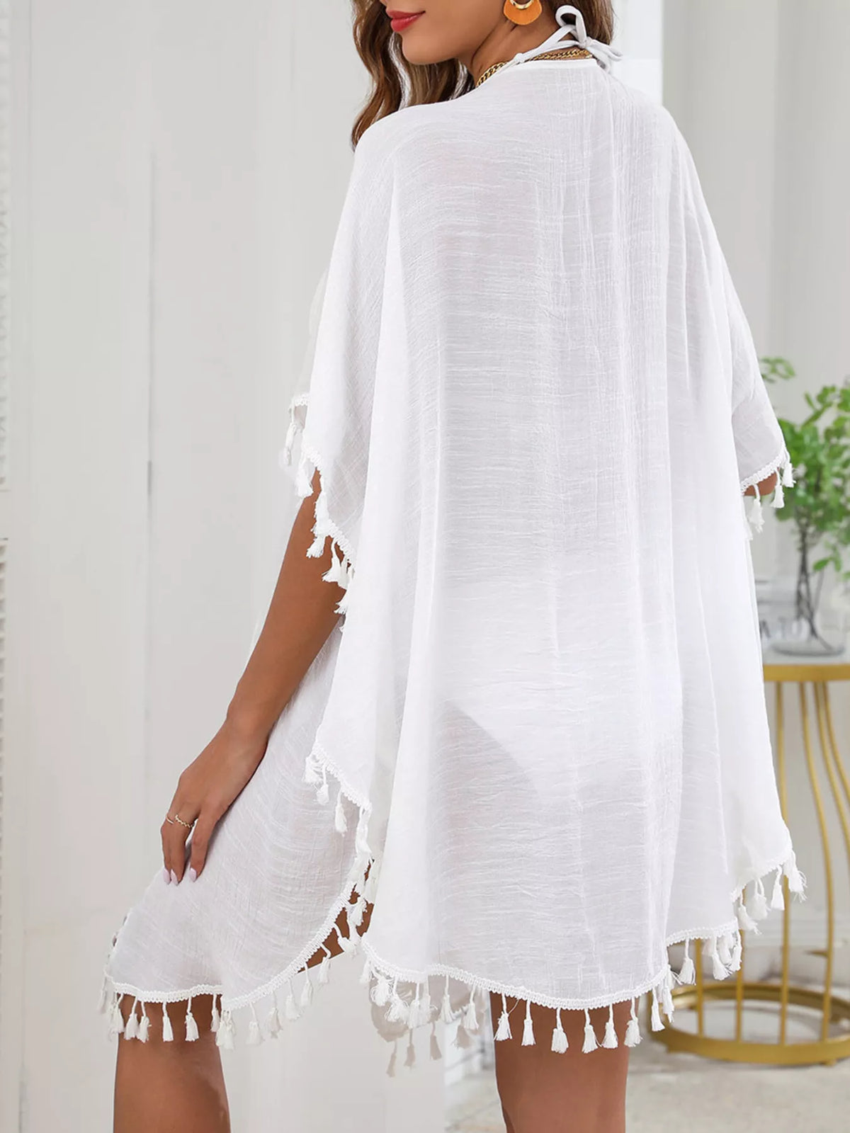 Tassel Trim Tie Front Cover-Up White / One Size