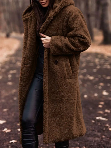 Teddy Bear Longline Hooded Coat for Women Brown / S