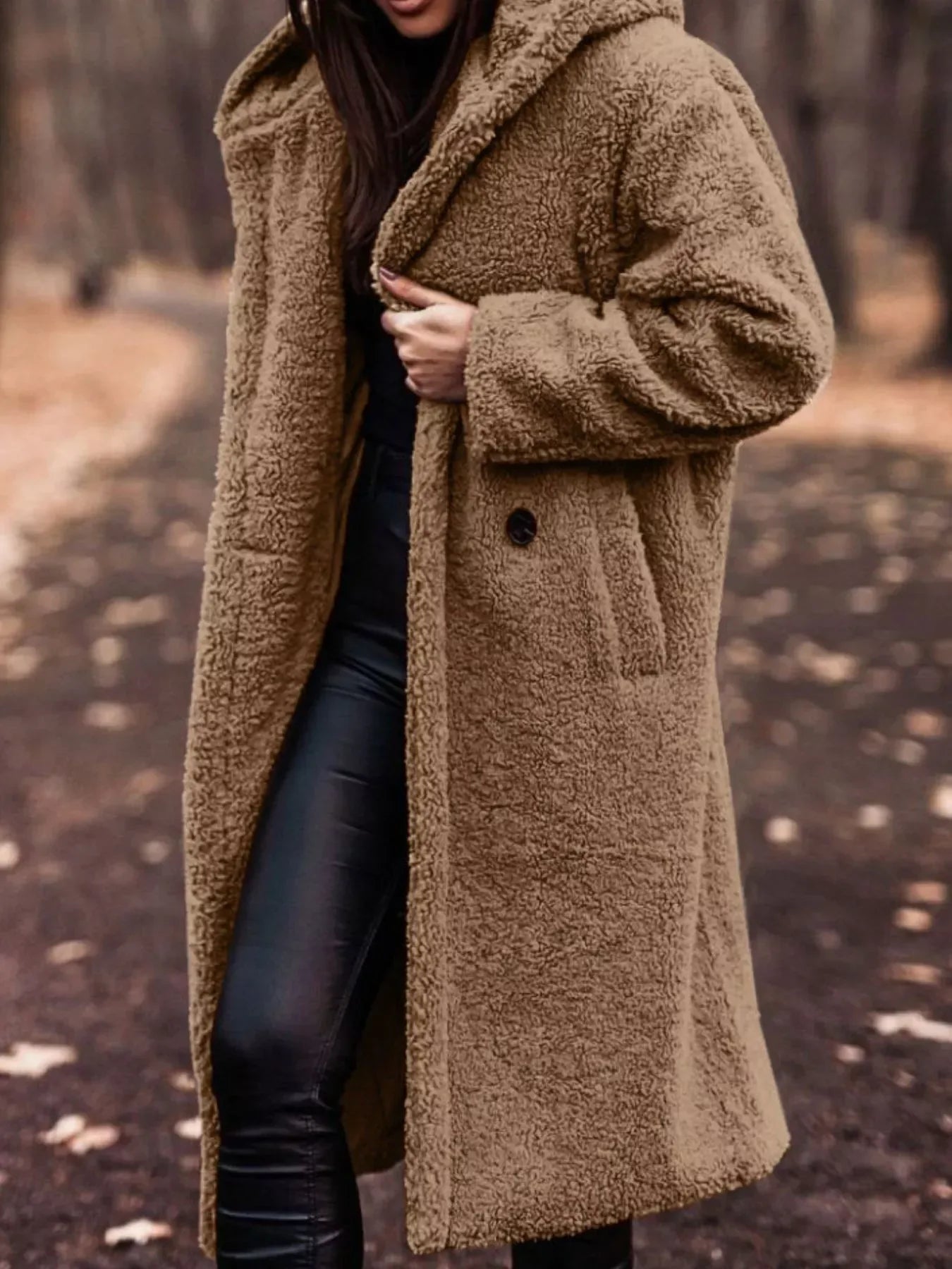 Teddy Bear Longline Hooded Coat for Women Camel / S