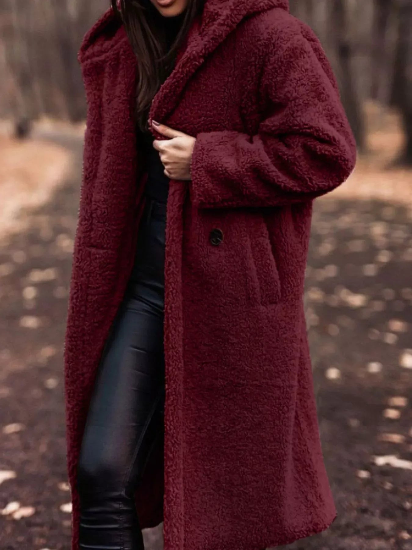 Teddy Bear Longline Hooded Coat for Women Wine Red / S