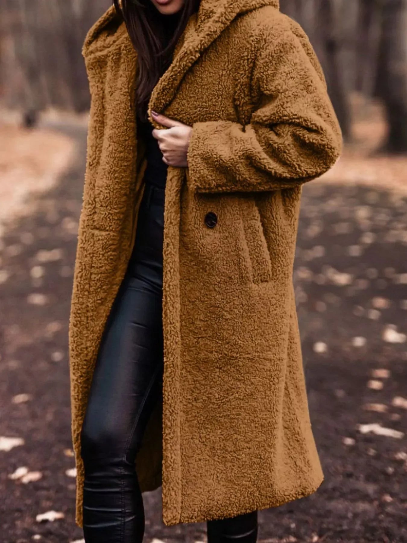 Teddy Bear Longline Hooded Coat for Women Yellowish Brown / S