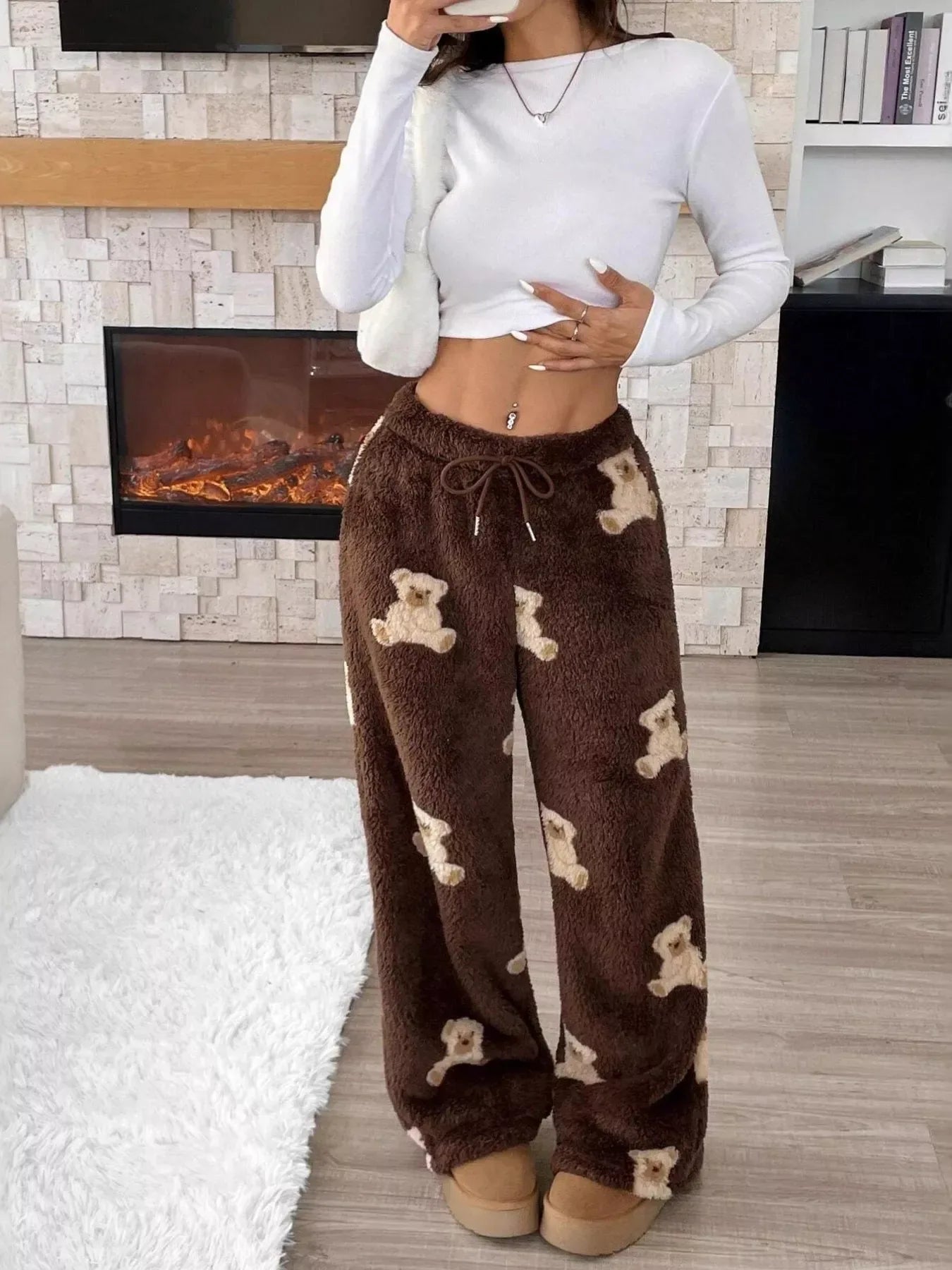 Teddy Bear Print Fluffy Pants for Women