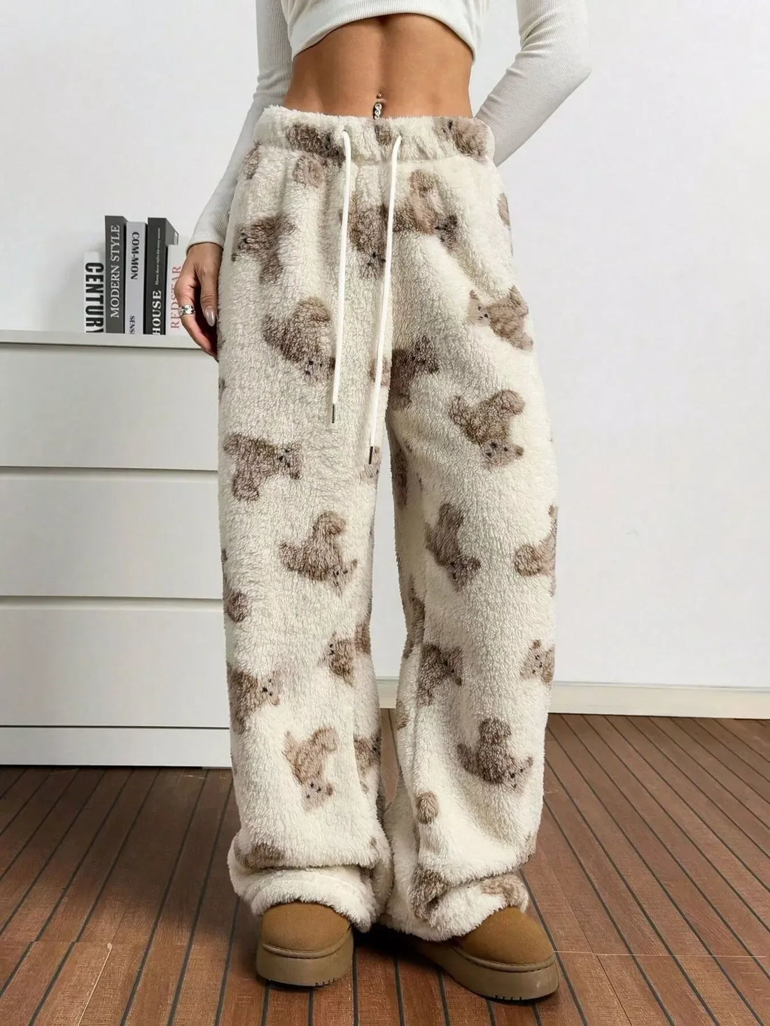 Teddy Bear Print Fluffy Pants for Women Apricot / S