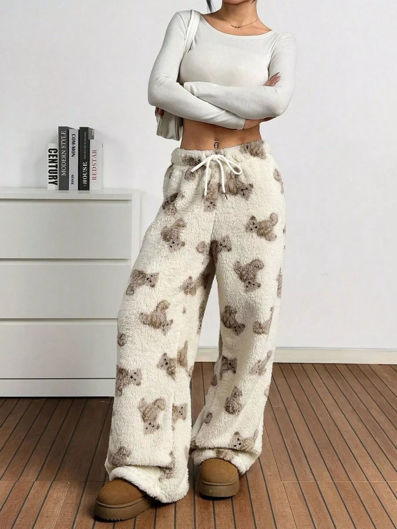 Teddy Bear Print Fluffy Pants for Women
