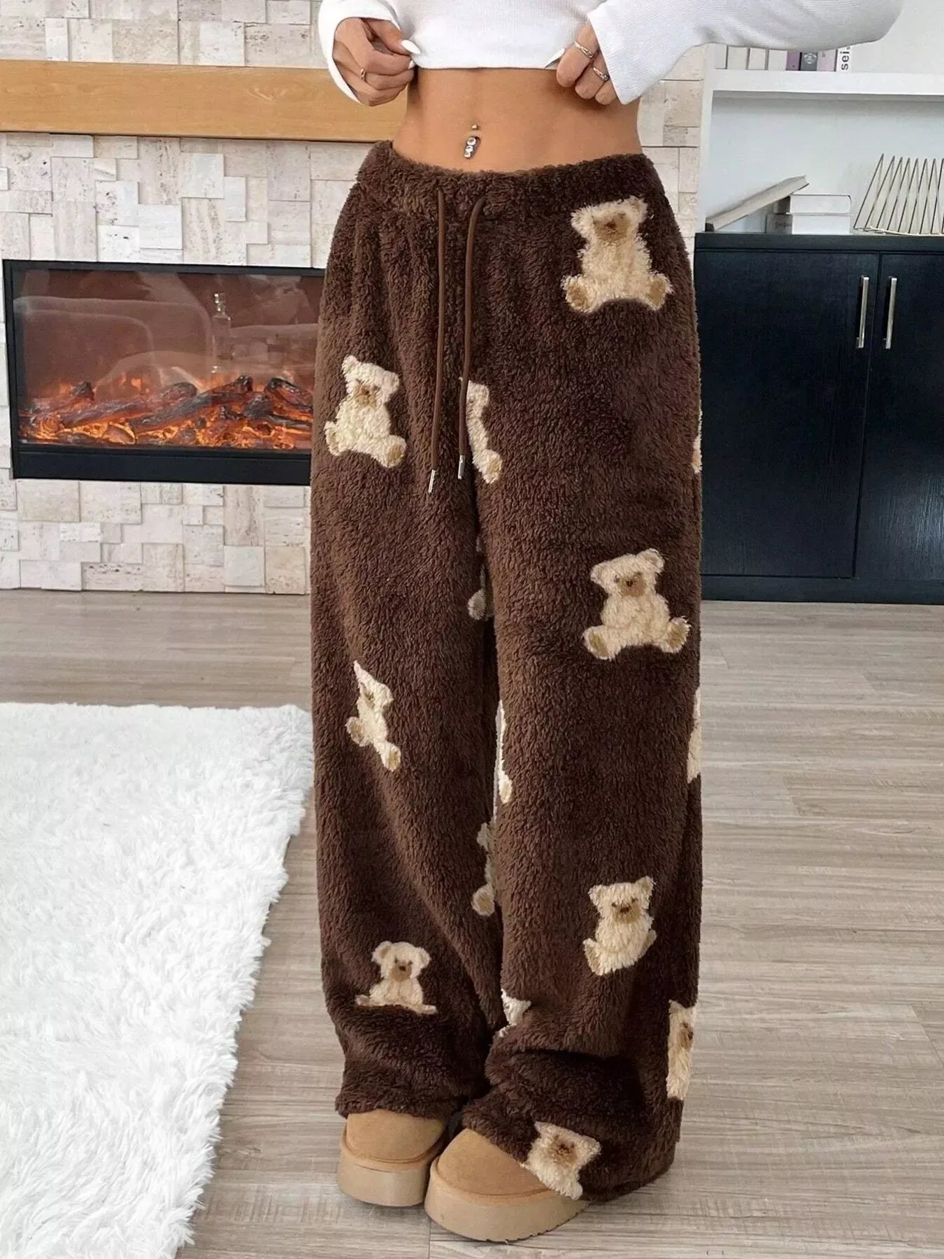 Teddy Bear Print Fluffy Pants for Women