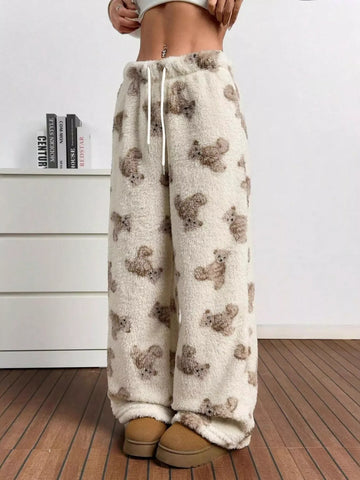 Teddy Bear Print Fluffy Pants for Women Apricot / S