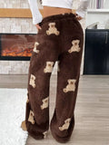 Teddy Bear Print Fluffy Pants for Women Brown / S