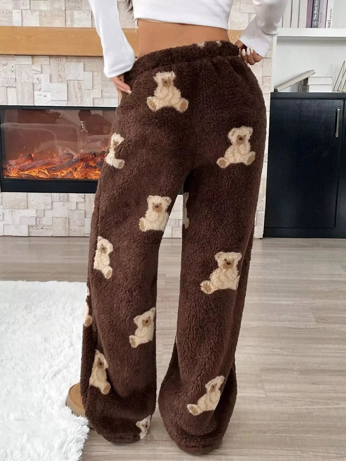 Teddy Bear Print Fluffy Pants for Women Brown / S