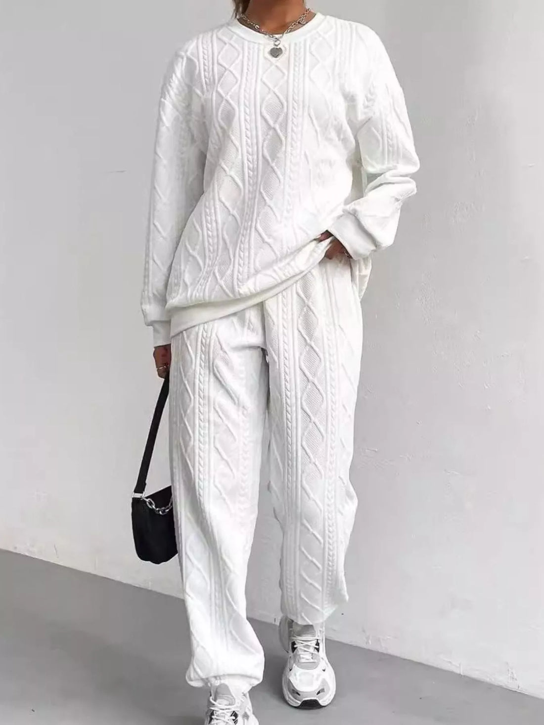Texture Round Neck Top and Pants Set White / XS