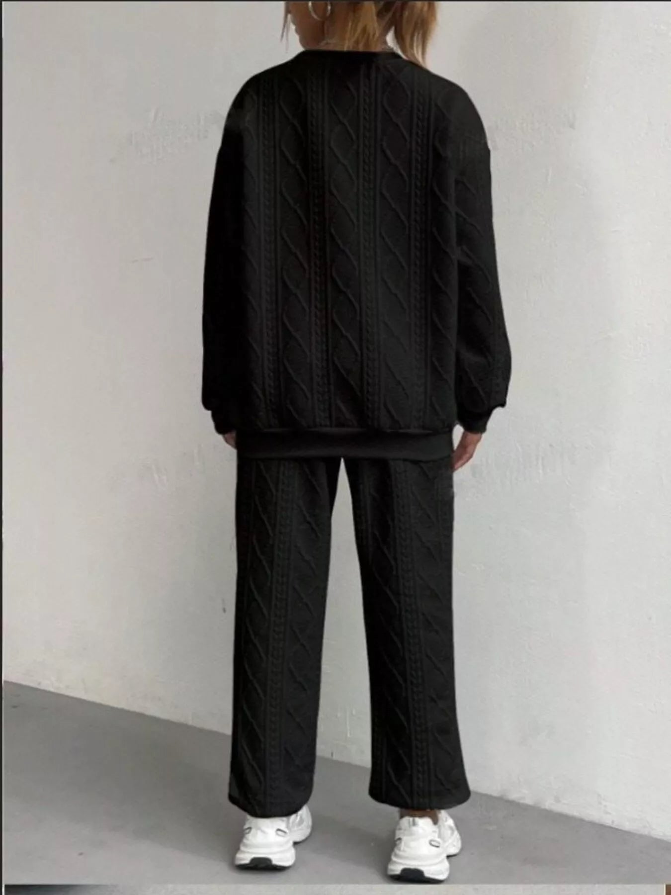 Texture Round Neck Top and Pants Set