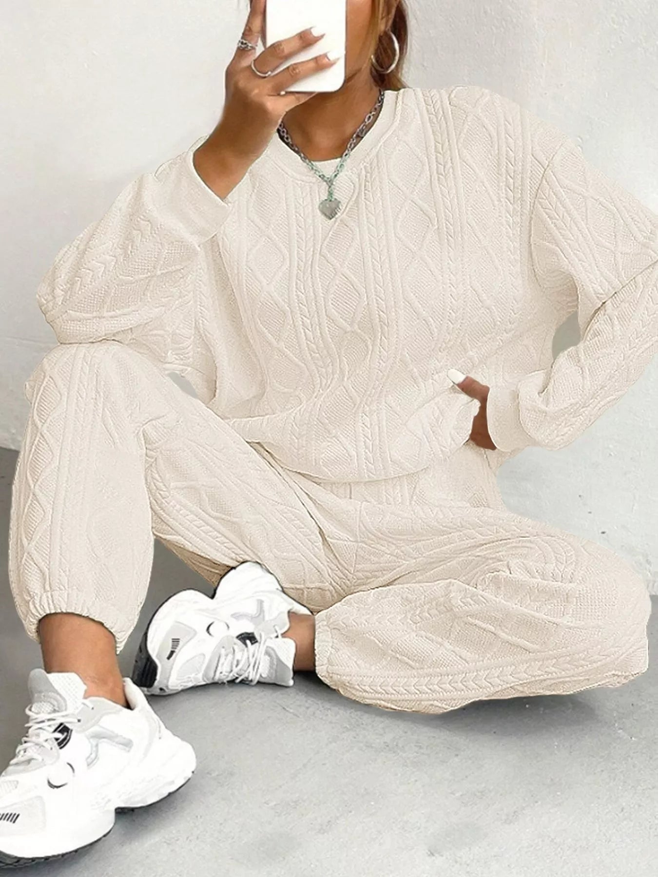 Texture Round Neck Top and Pants Set Beige / XS