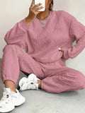 Texture Round Neck Top and Pants Set Pink / XS