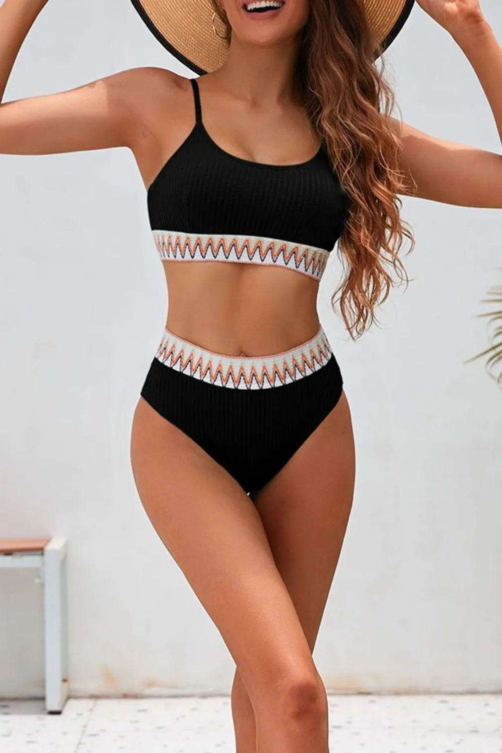 Textured Contrast Banding High Waist Bikini Set