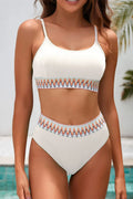 Textured Contrast Banding High Waist Bikini Set