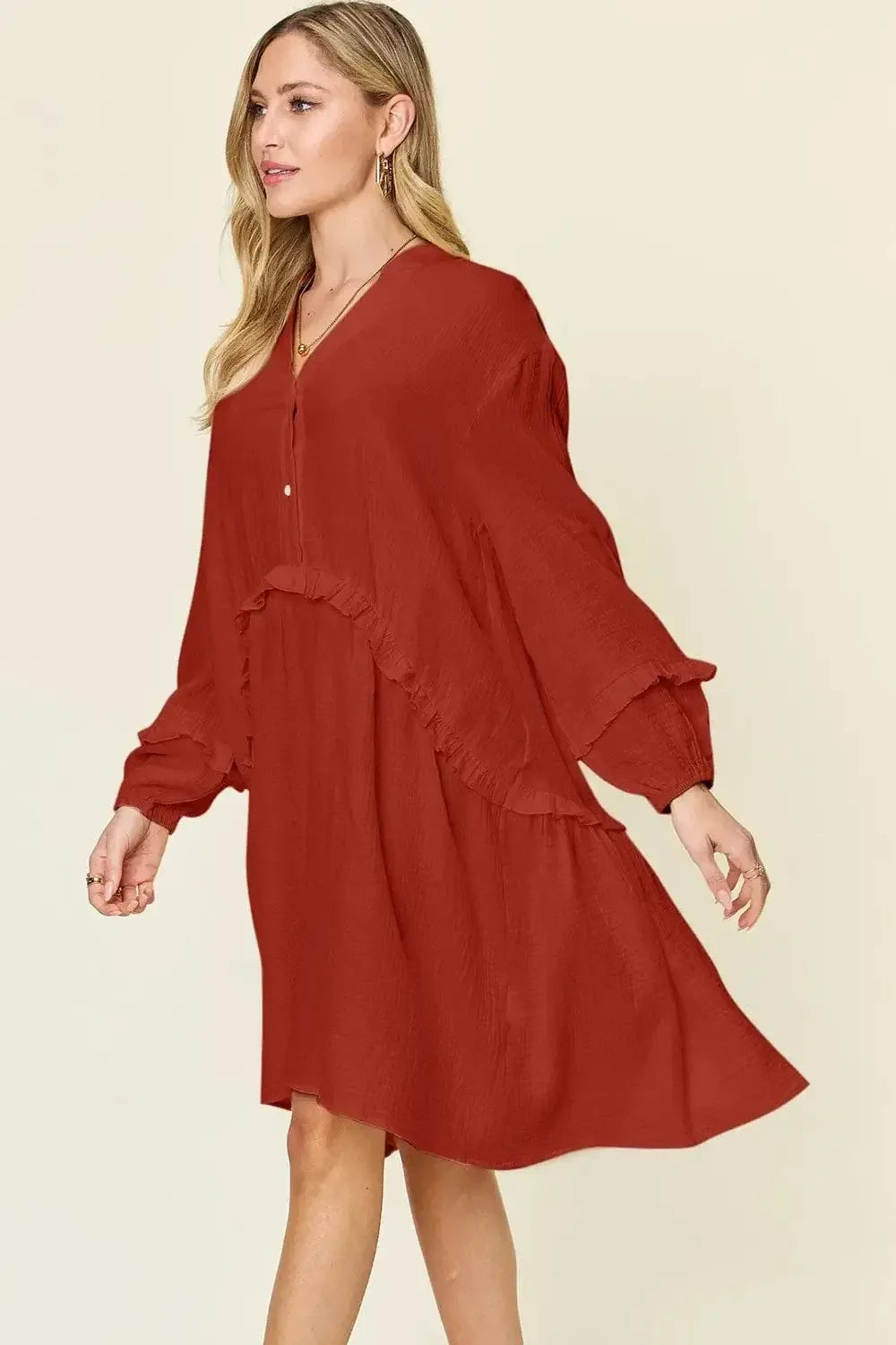 Textured Half Button Ruffle Dress for Women