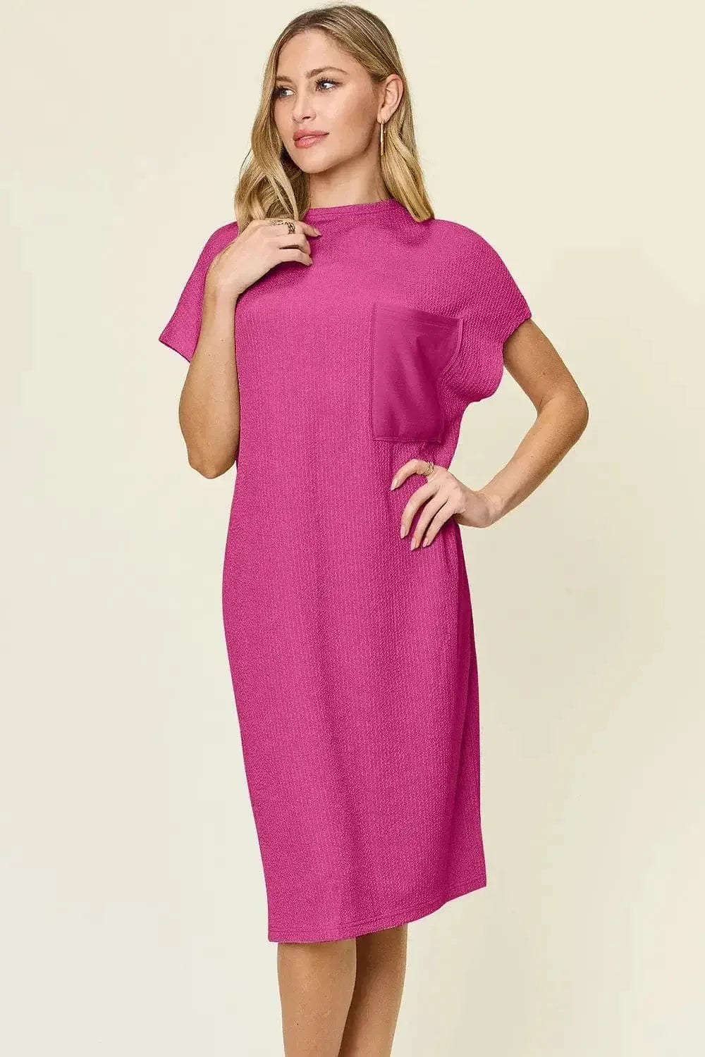Textured Mock Neck Short Sleeve Dress for Women Hot Pink / S