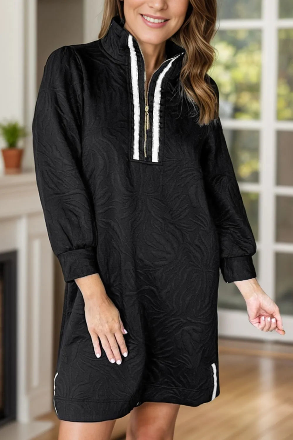 Textured Quarter-Zip Long-Sleeve Mini Dress - product view 5