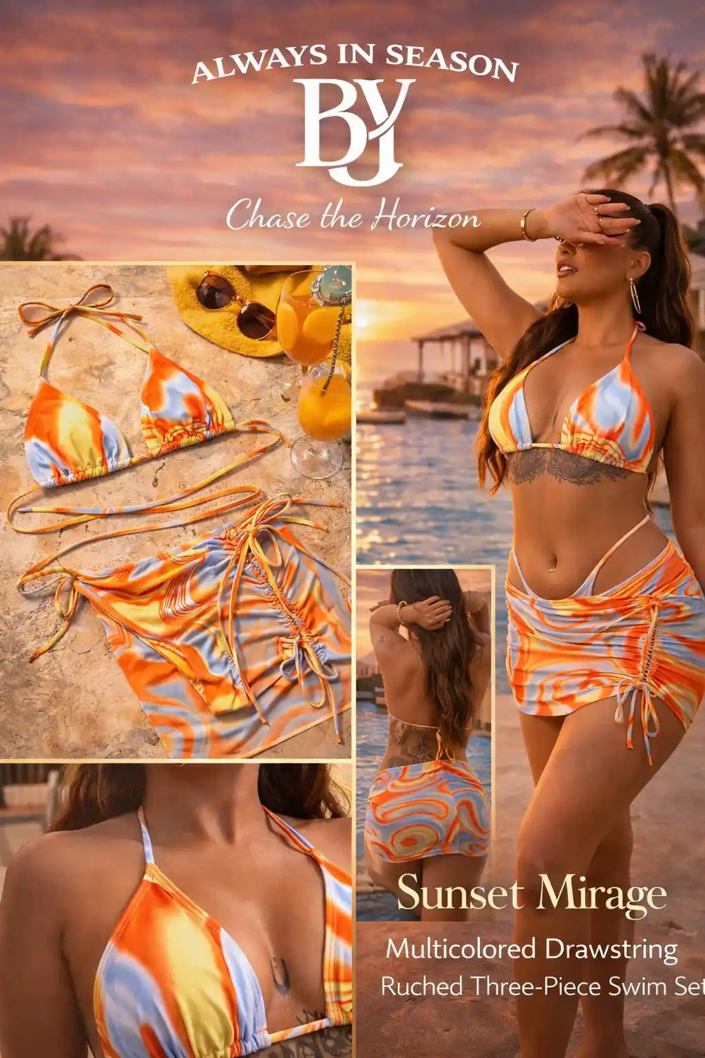 Set costume da bagno a tre pezzi con arricciatura e coulisse