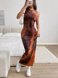 Tie-Dye Bodycon Maxi Dress Light Brown / S