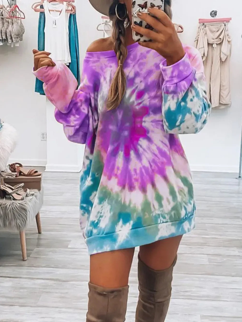 Tie-Dye Long Sleeve Dress Heliotrope Purple / S
