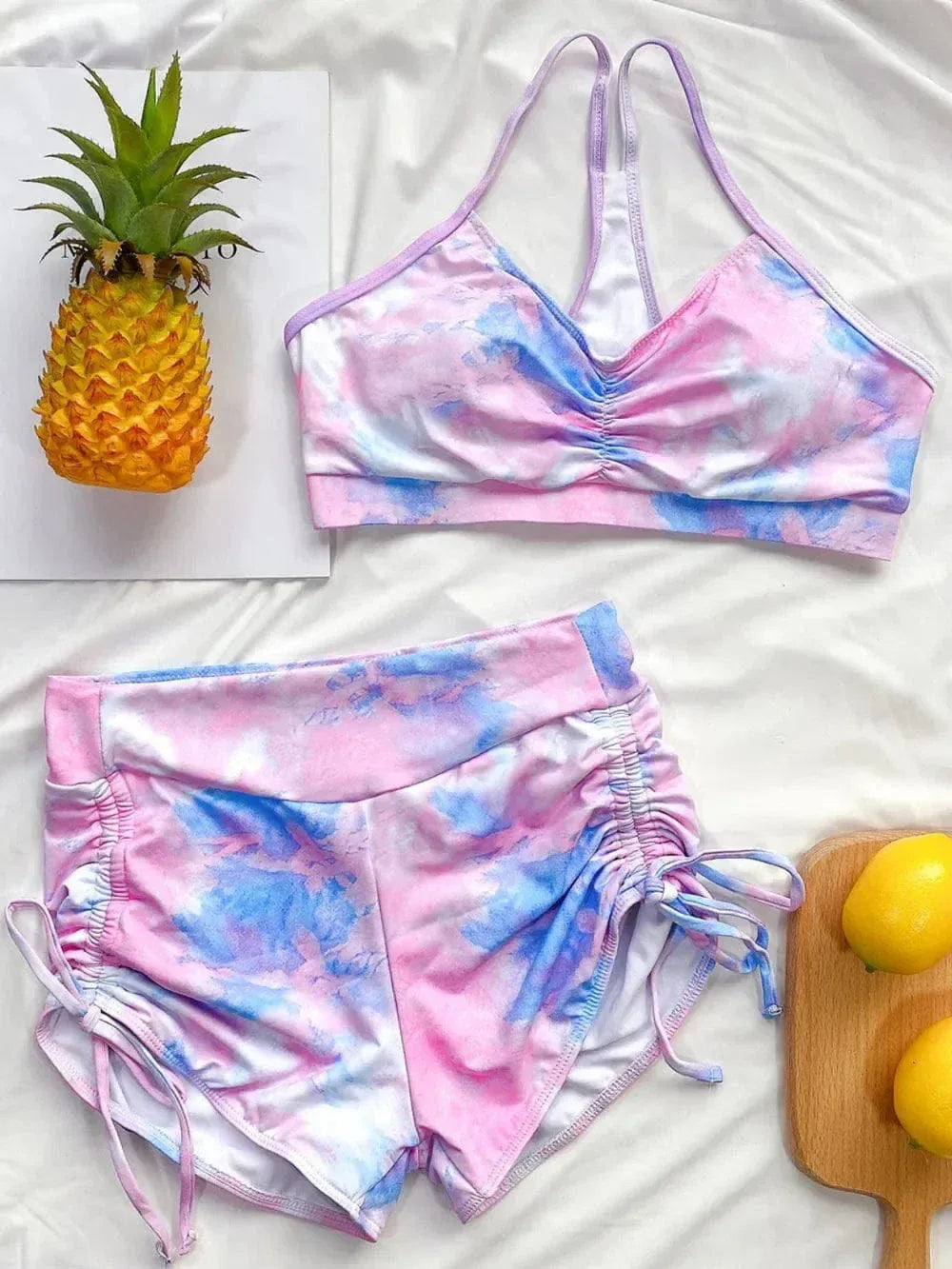 Tie Dye Ruched Crop Top and Drawstring Shorts Swim Set