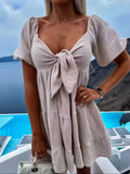 Tie-Front Tiered Mini Dress Beige / S