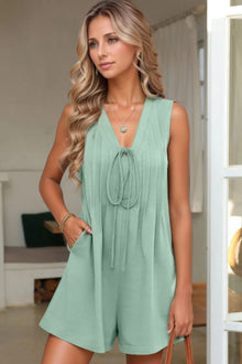 Pintuck V-Neck Tie-Front Loose Romper