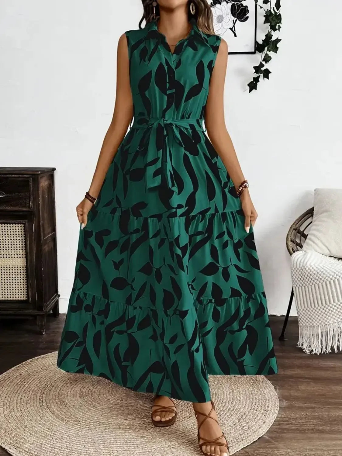 Tie Waist Maxi Dress Dark Green / S