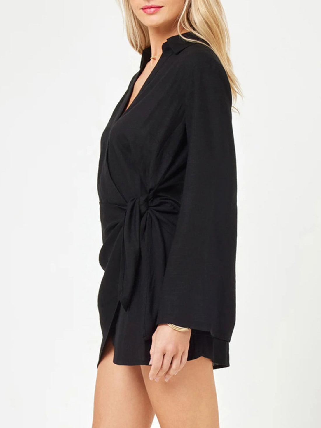 Tied Long Sleeve Cover Up Dress Black / S