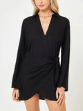 Tied Long Sleeve Cover Up Dress Black / S
