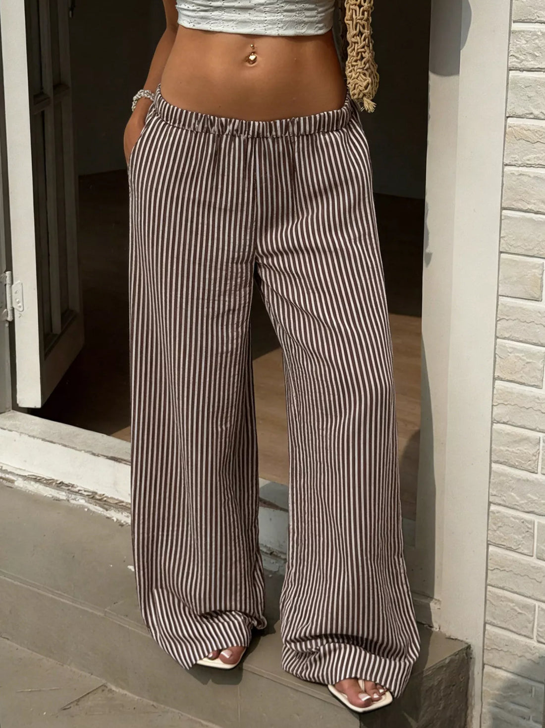 Tied Striped Wide Leg Pants Brown / S