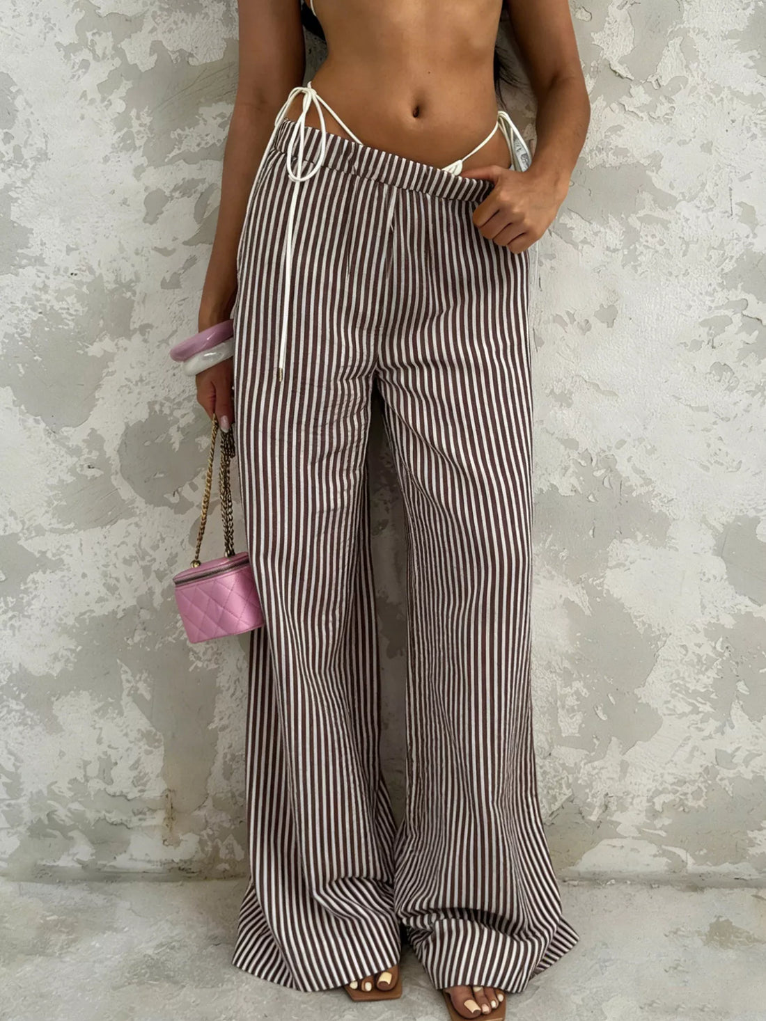 Tied Striped Wide Leg Pants Brown / S