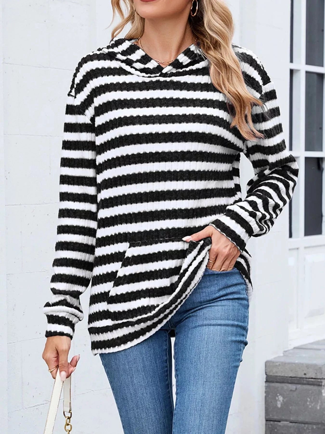 Black And White Stripes Striped Dropped Shoulder Hoodie Tops and sweaters and T-Shirts