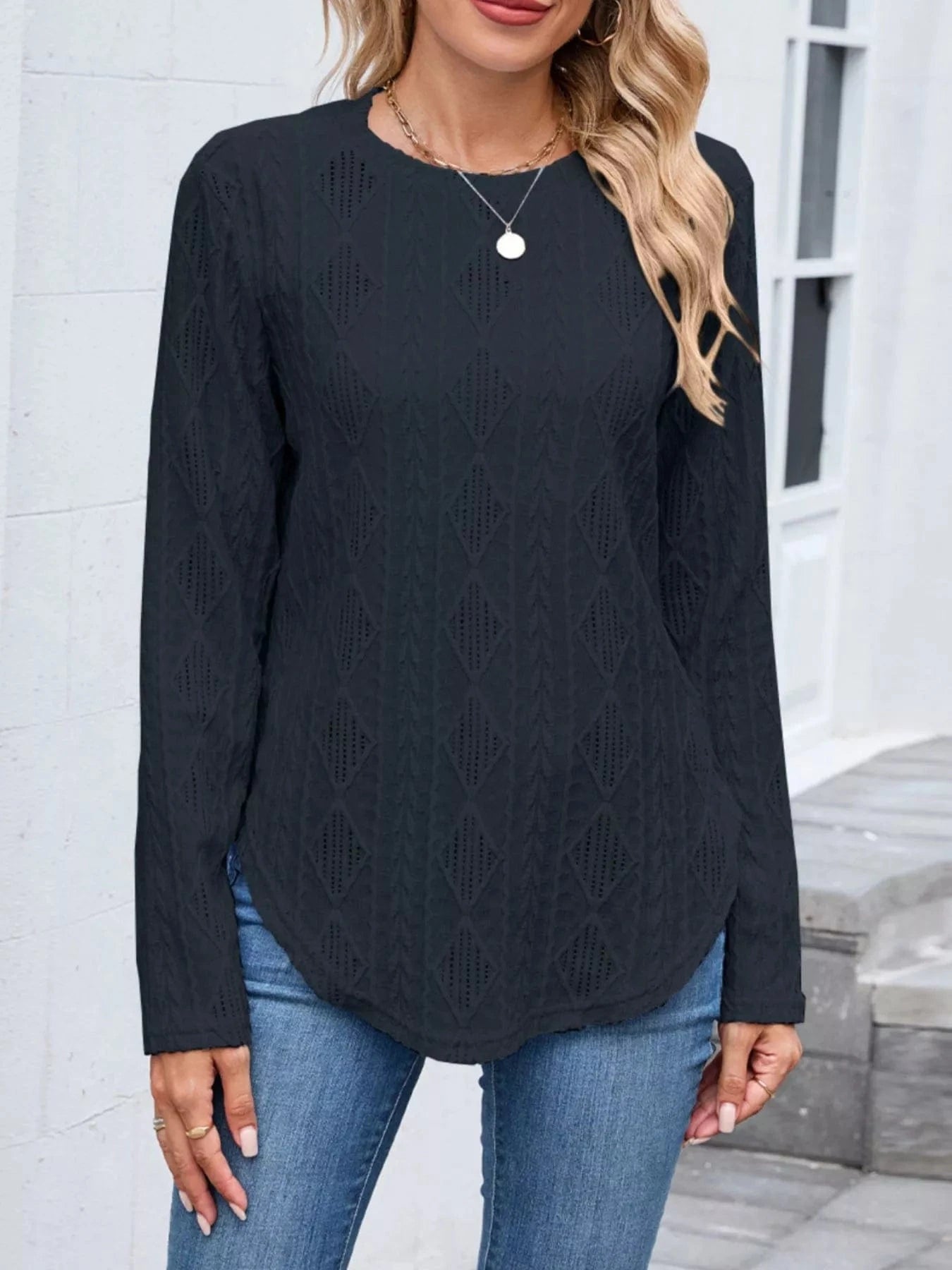 Black Openwork Textured Long Sleeve Top Tops and sweaters and T-Shirts