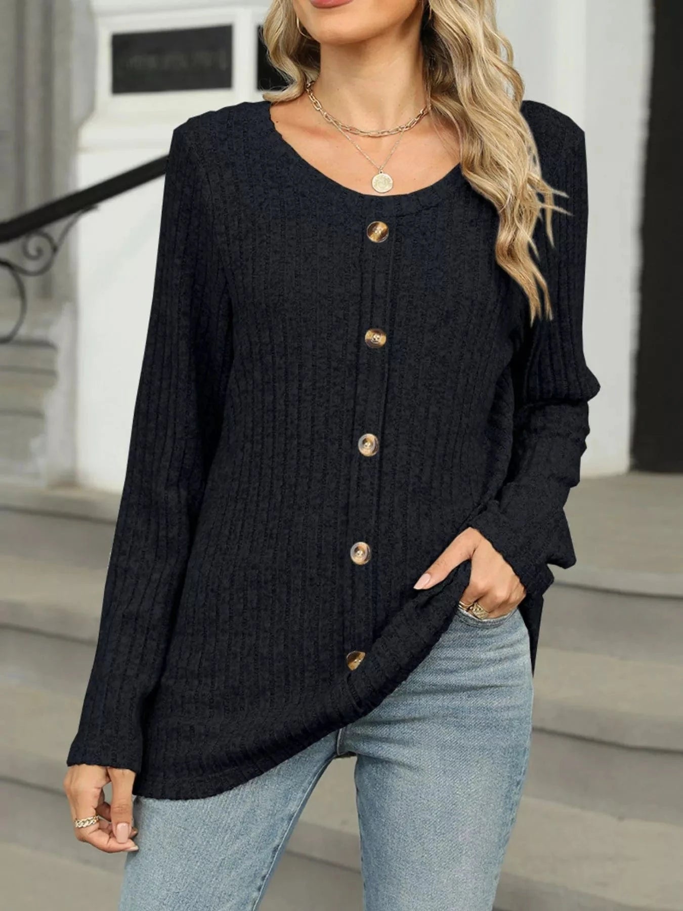 Black Ribbed Round Neck Long Sleeve Top Tops and sweaters and T-Shirts