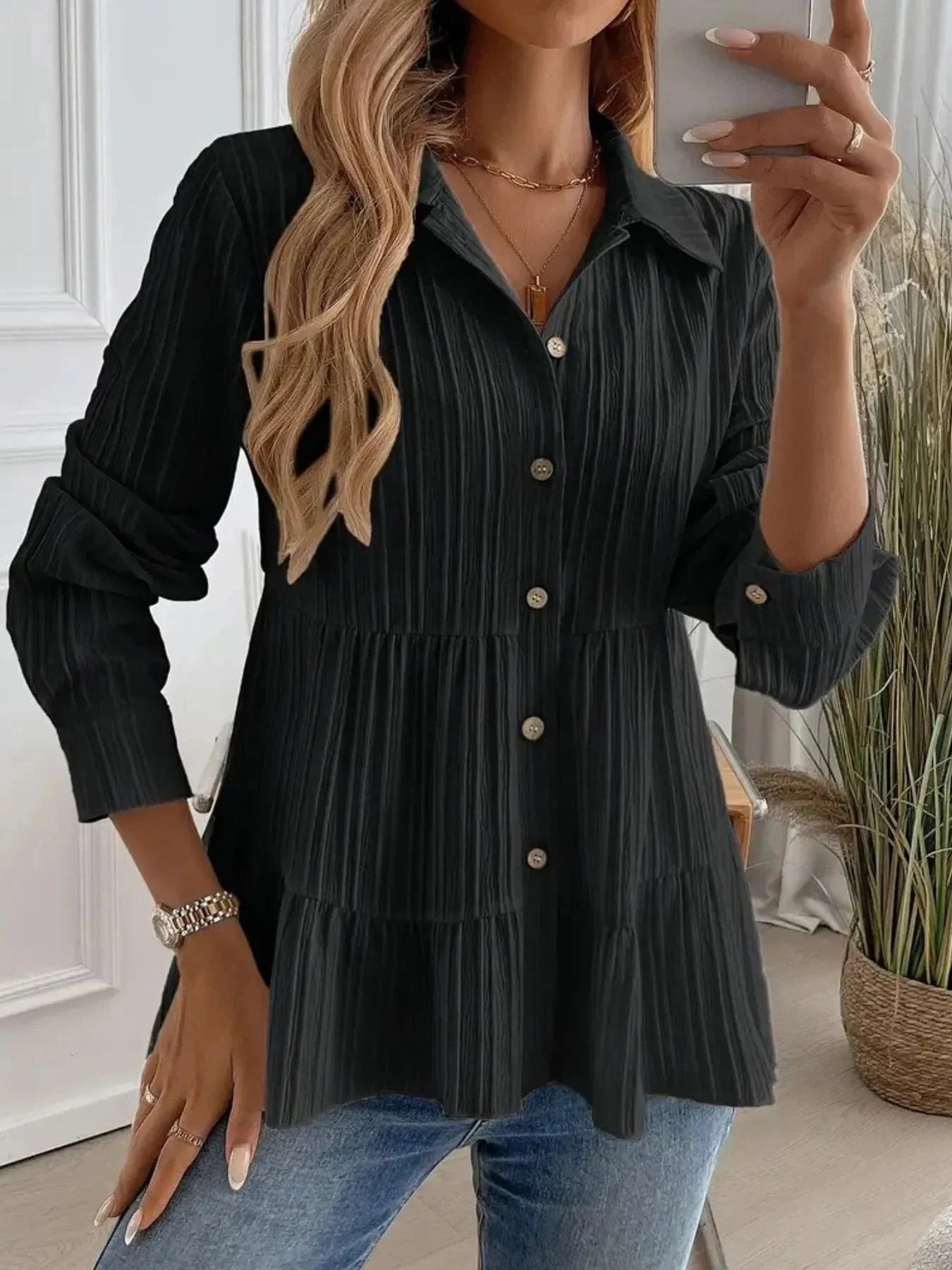Black Striped Button-Down Tiered Shirt Tops and sweaters and T-Shirts