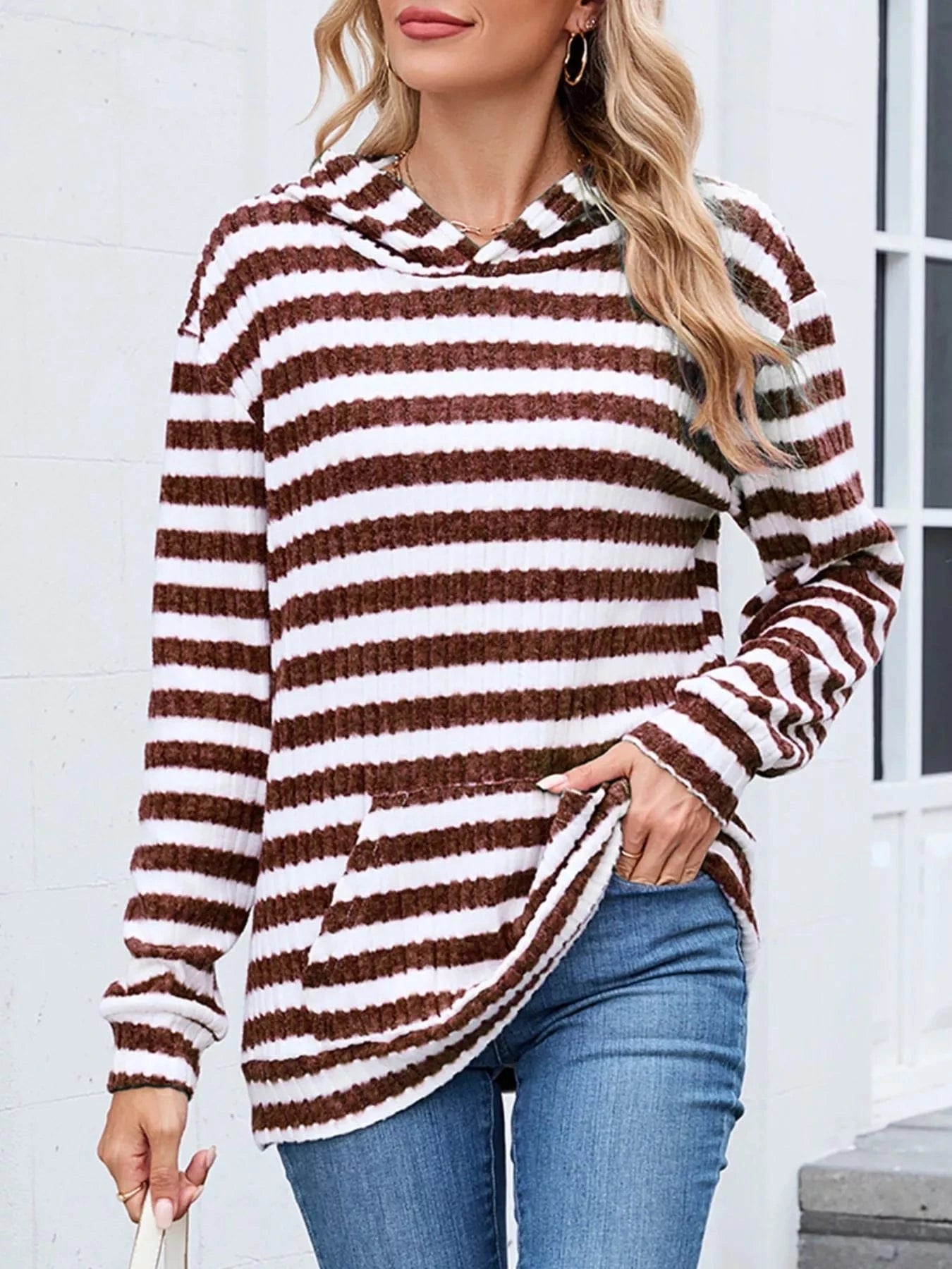 Brick Red Stripes Striped Dropped Shoulder Hoodie Tops and sweaters and T-Shirts