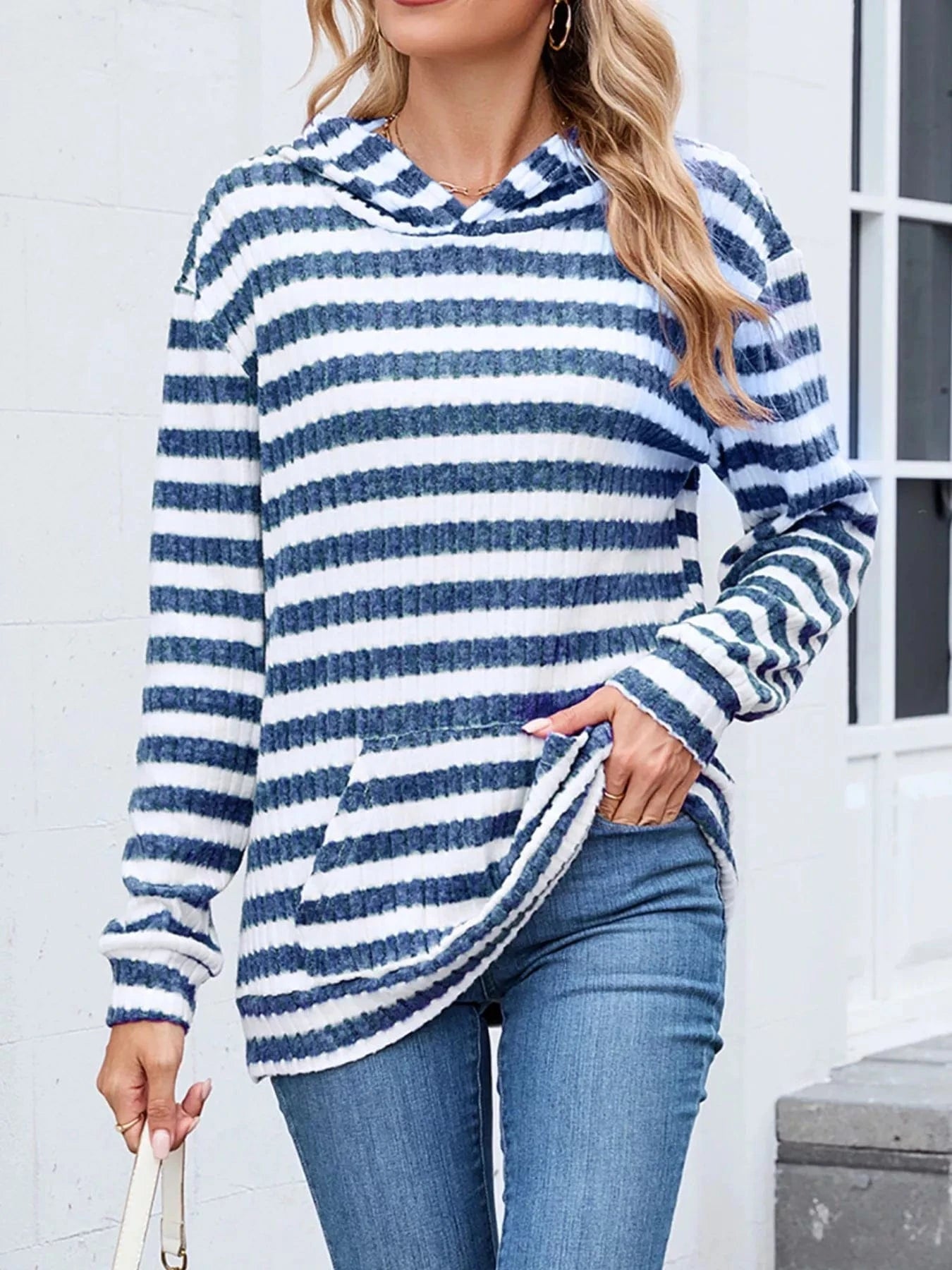 Colorful Blue Stripes Striped Dropped Shoulder Hoodie Tops and sweaters and T-Shirts