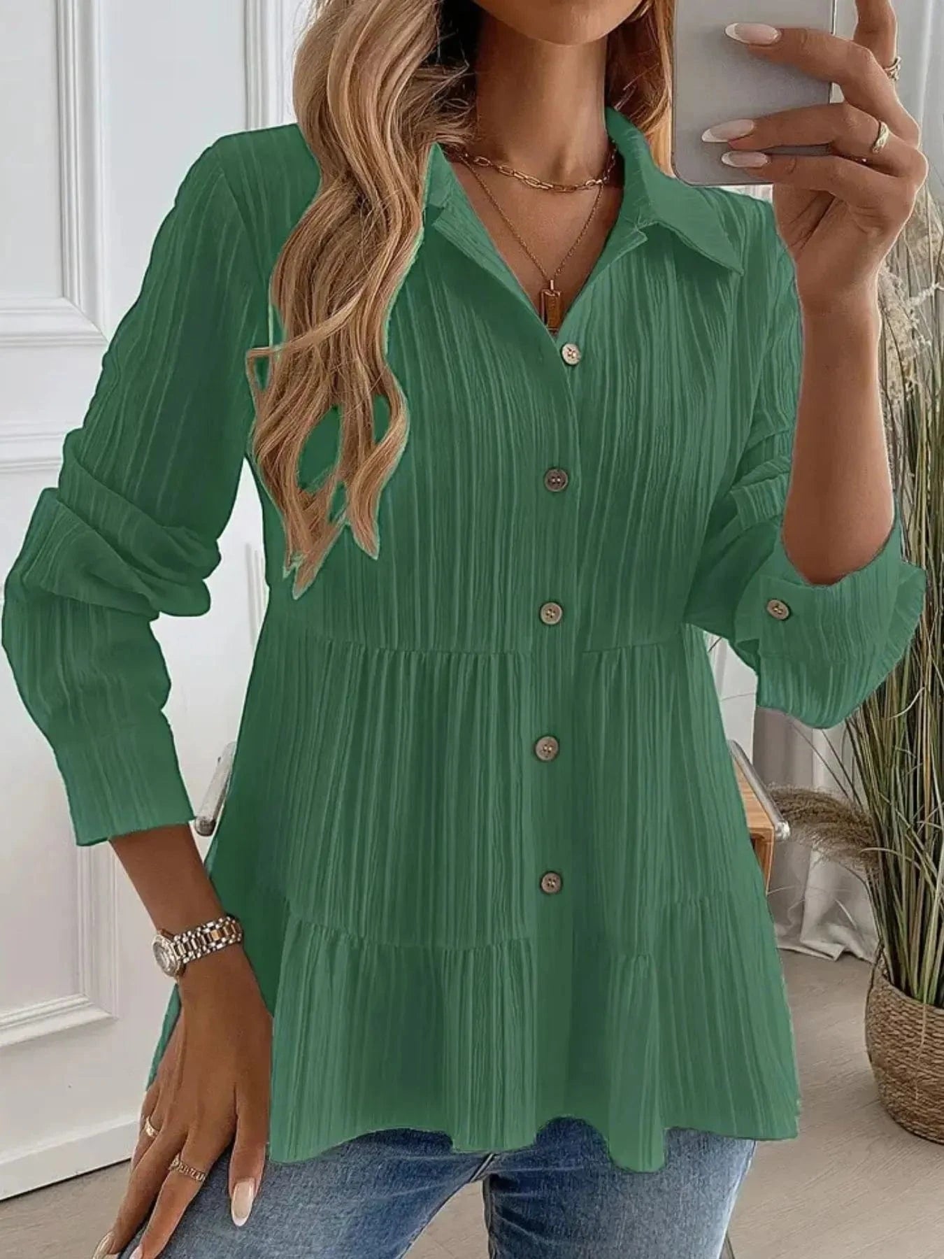 Dark Green Striped Button-Down Tiered Shirt Tops and sweaters and T-Shirts