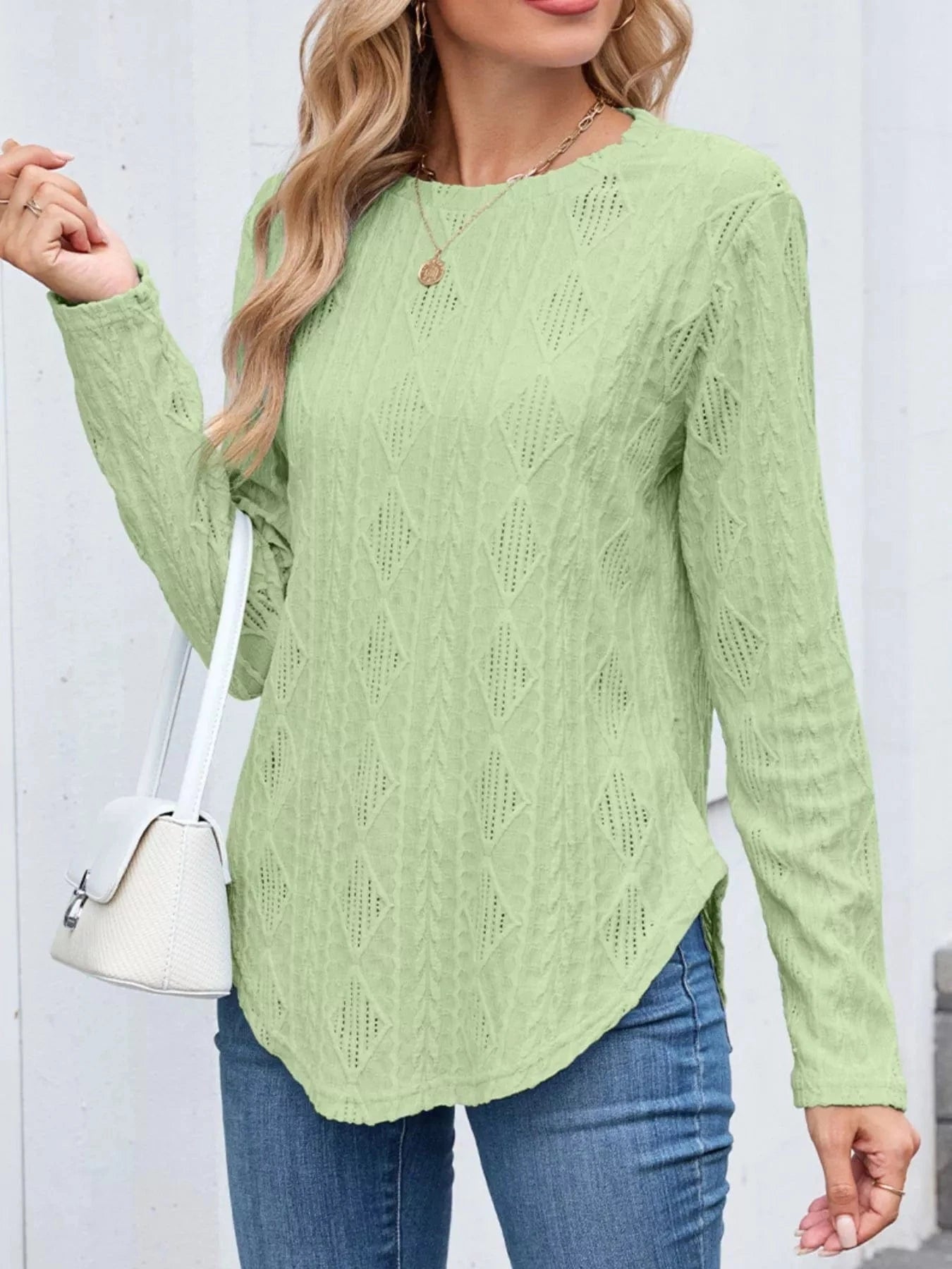 Fluorescent Green Openwork Textured Long Sleeve Top Tops and sweaters and T-Shirts