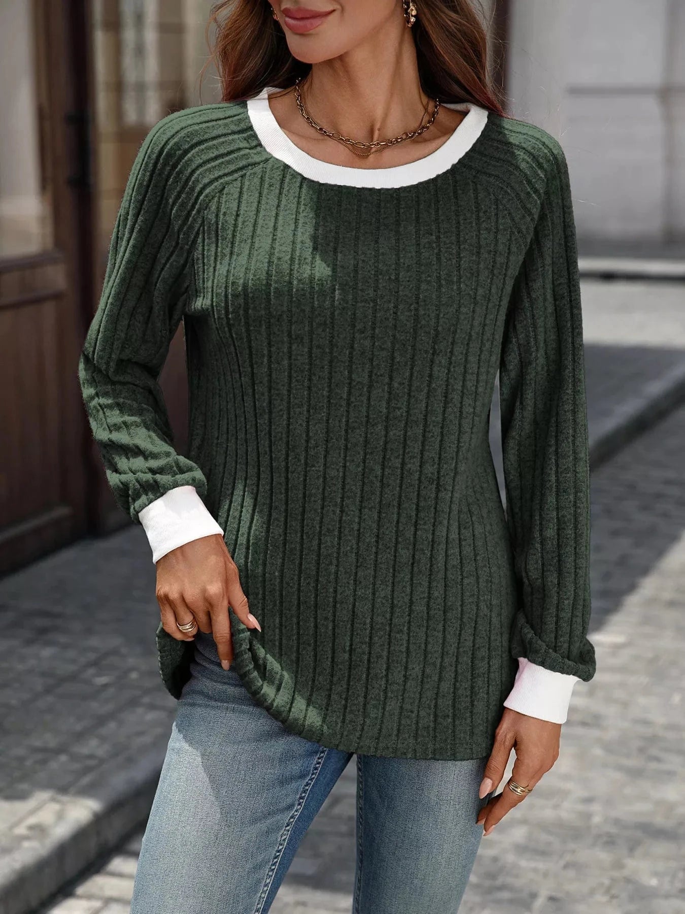 Green Ribbed Round Neck Raglan Sleeve Knit Top Tops and sweaters and T-Shirts