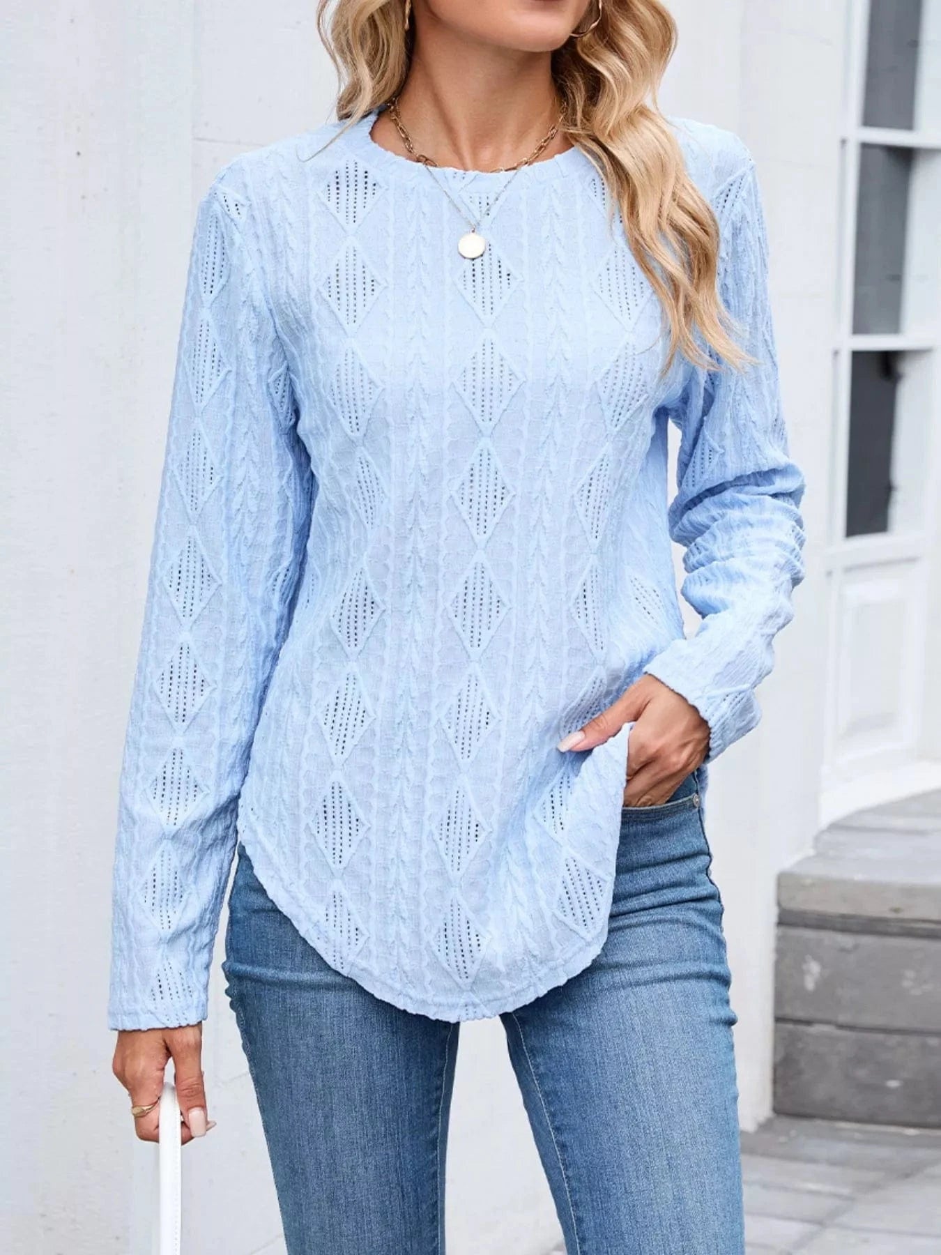 Light Blue Openwork Textured Long Sleeve Top Tops and sweaters and T-Shirts