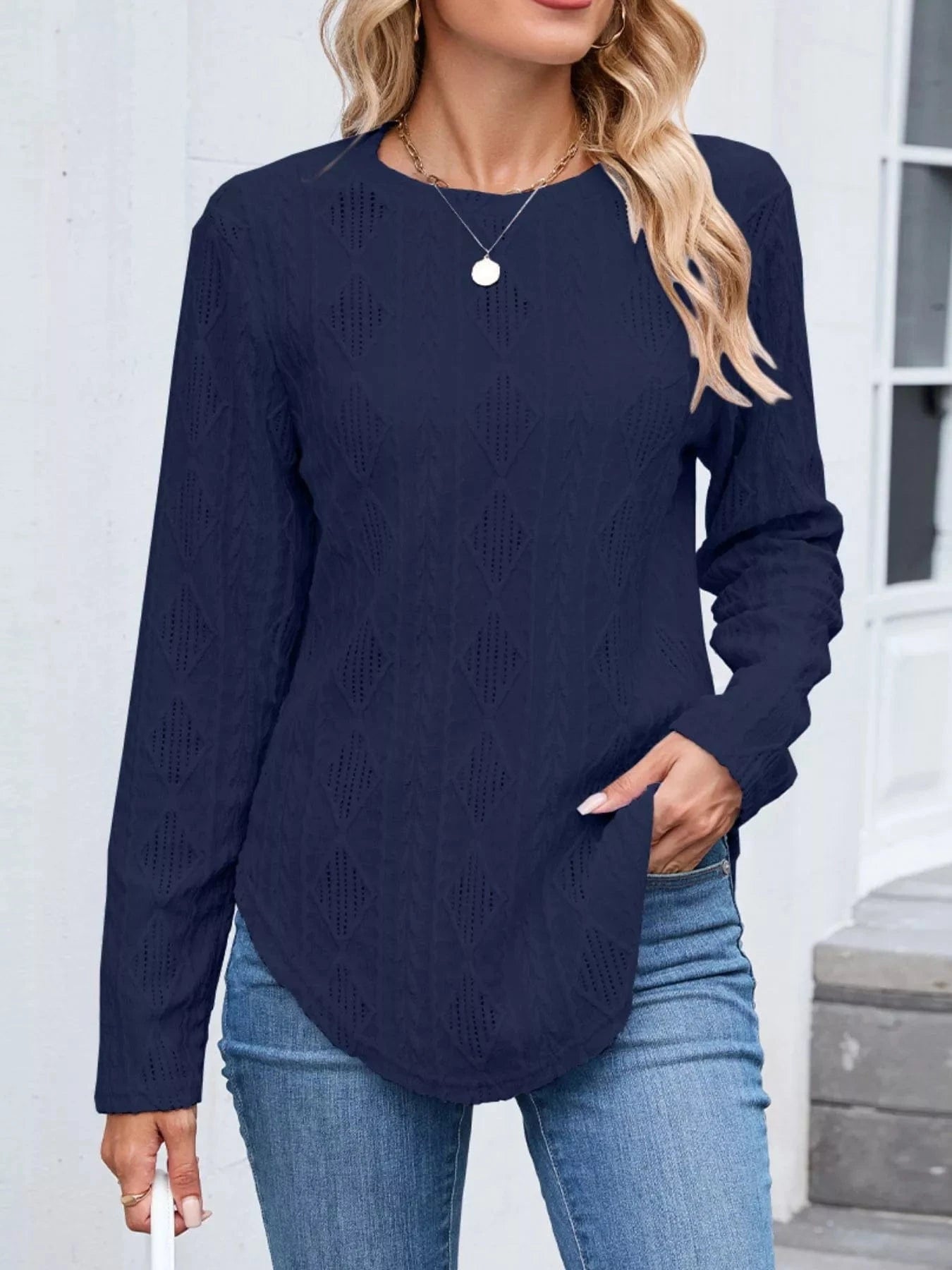 Navy Blue Openwork Textured Long Sleeve Top Tops and sweaters and T-Shirts
